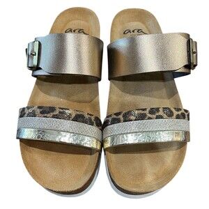 ARA High Soft 2-Strap Adj Slide Sandals  US 8  Metallic Leather & Animal Print